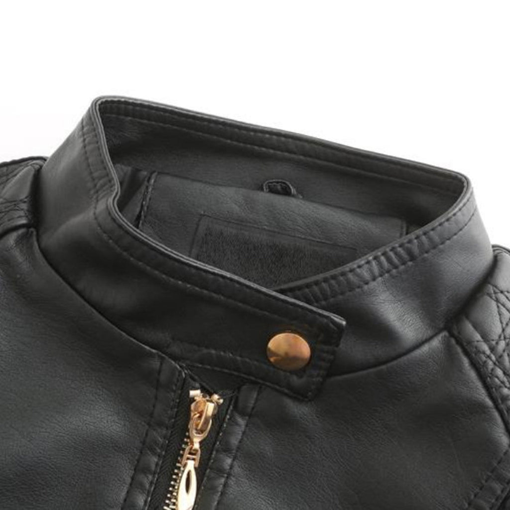 Janiyah Women’s Leather Jacket – Elegant Zip-Up Coat with Chic High Collar