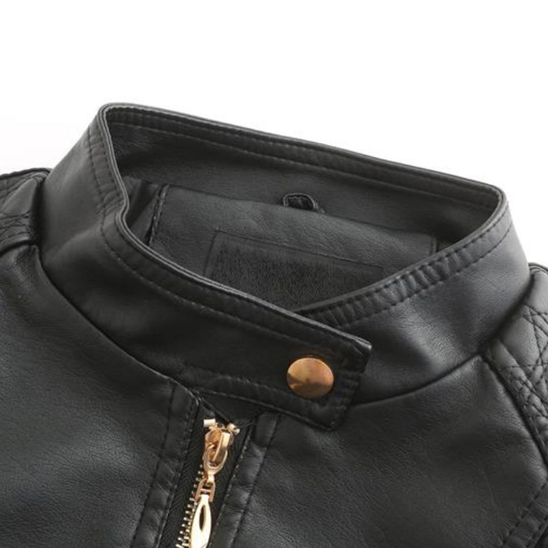 Janiyah Women’s Leather Jacket – Elegant Zip-Up Coat with Chic High Collar