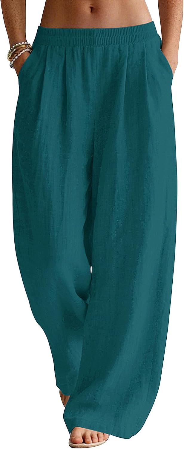 Seraphina Linen Blend Wide Leg Summer Trousers with Elastic Waist and Side Pockets