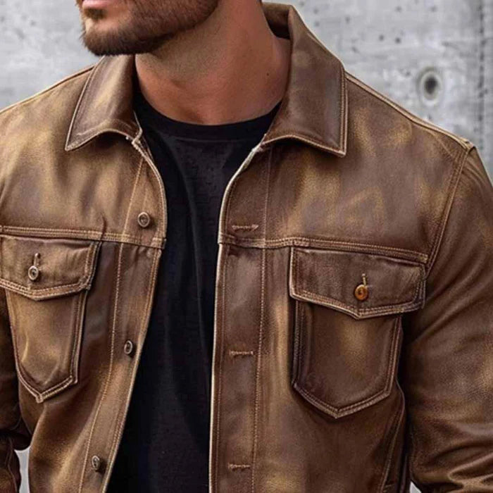 Pierre Men’s Vintage Leather Jacket – Classic Button-Up Jacket with Soft Lining