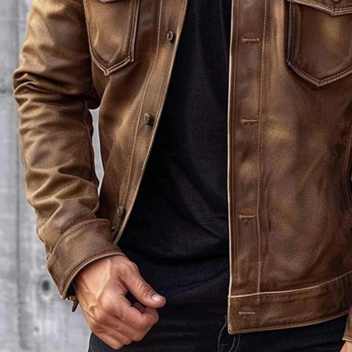 Pierre Men’s Vintage Leather Jacket – Classic Button-Up Jacket with Soft Lining