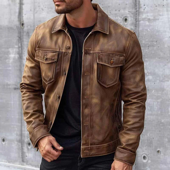Victor Men's Vintage Leather Jacket – Classic Genuine Leather Button-Front Jacket