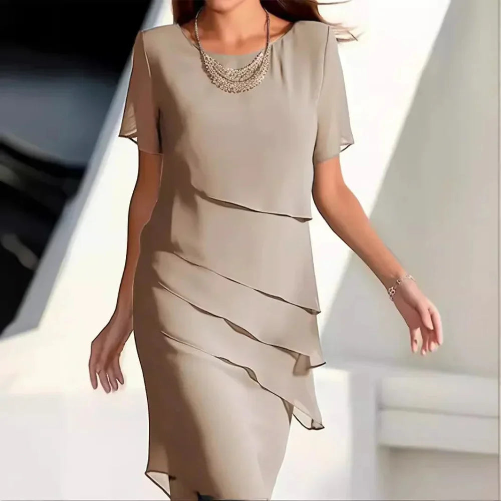 Isabelle Women's Tiered Chiffon Midi Dress – Elegant Round Neck Flowy Dress