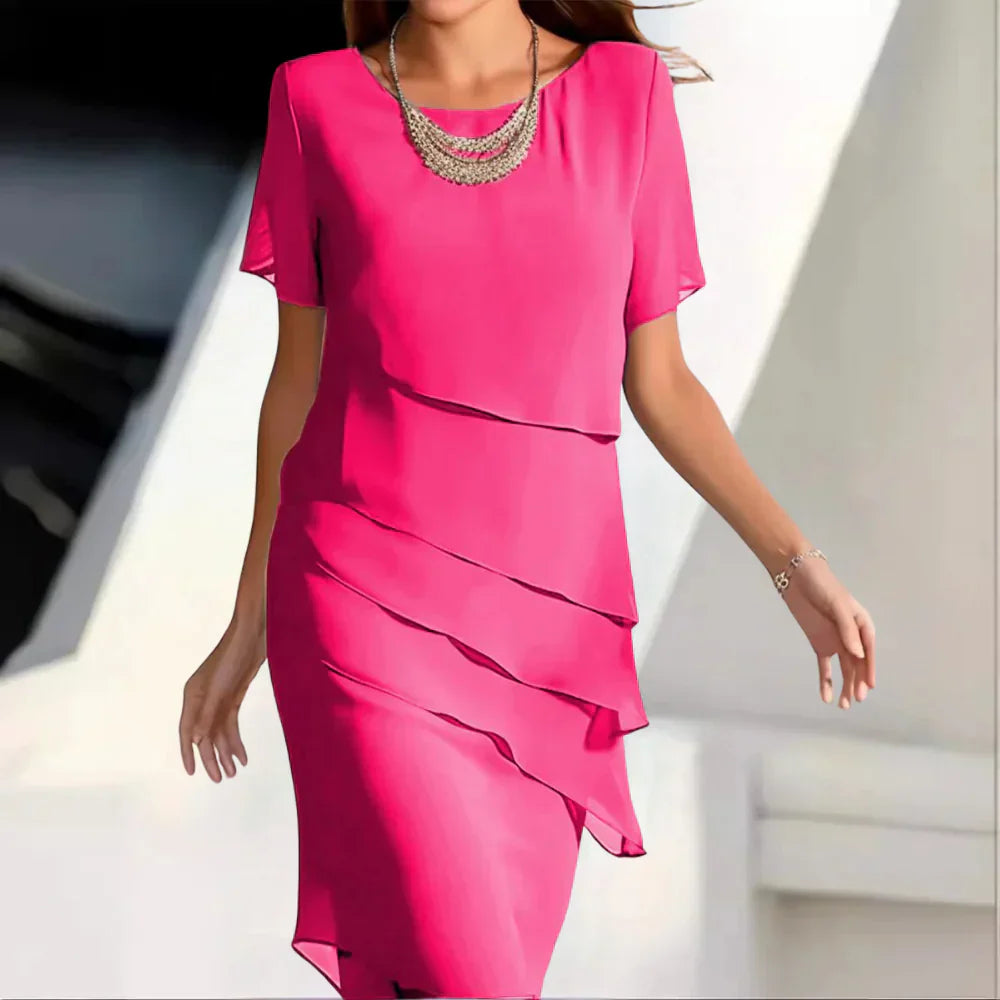 Elena Women’s Chiffon Tiered Dress – Elegant Short Sleeve Midi Dress with Flowy Fit