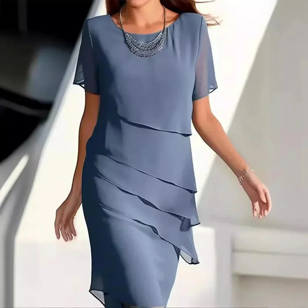 Elena Women’s Chiffon Tiered Dress – Elegant Short Sleeve Midi Dress with Flowy Fit