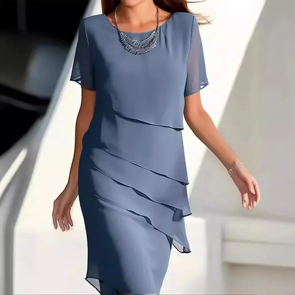 Isabelle Women's Tiered Chiffon Midi Dress – Elegant Round Neck Flowy Dress