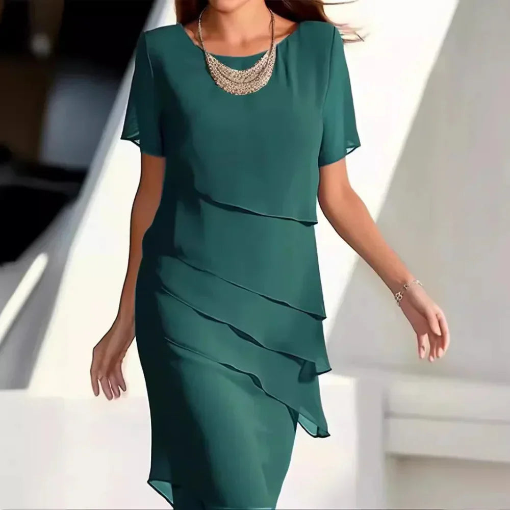 Elena Women’s Chiffon Tiered Dress – Elegant Short Sleeve Midi Dress with Flowy Fit