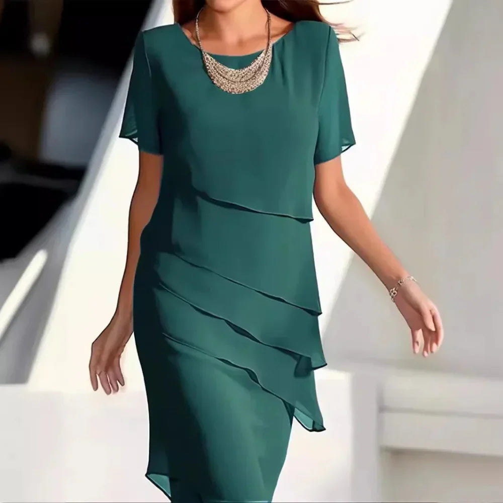 Isabelle Women's Tiered Chiffon Midi Dress – Elegant Round Neck Flowy Dress