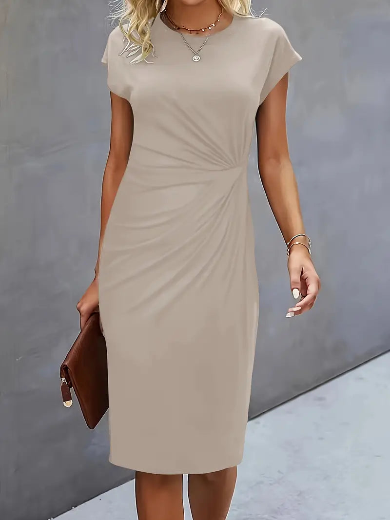 Genevieve Women's Midi Dress – Elegant Round Neck Dress with Flattering Silhouette & Timeless Style