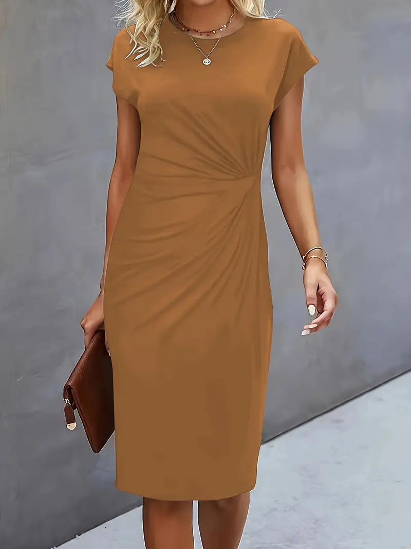 Genevieve Women's Midi Dress – Elegant Round Neck Dress with Flattering Silhouette & Timeless Style