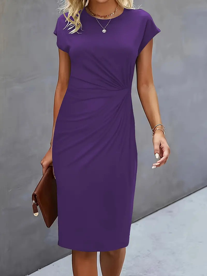 Genevieve Women's Midi Dress – Elegant Round Neck Dress with Flattering Silhouette & Timeless Style
