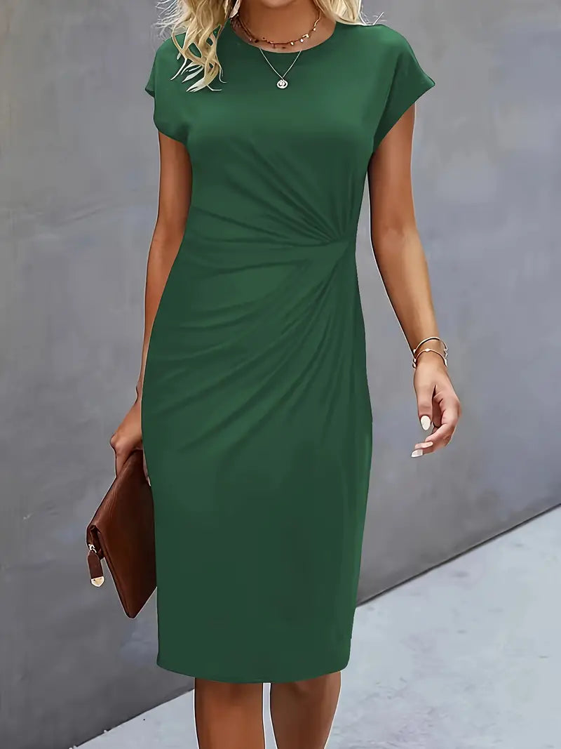 Genevieve Women's Midi Dress – Elegant Round Neck Dress with Flattering Silhouette & Timeless Style