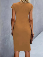 Genevieve Women's Midi Dress – Elegant Round Neck Dress with Flattering Silhouette & Timeless Style