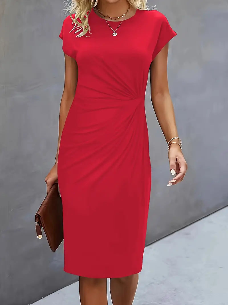Genevieve Women's Midi Dress – Elegant Round Neck Dress with Flattering Silhouette & Timeless Style