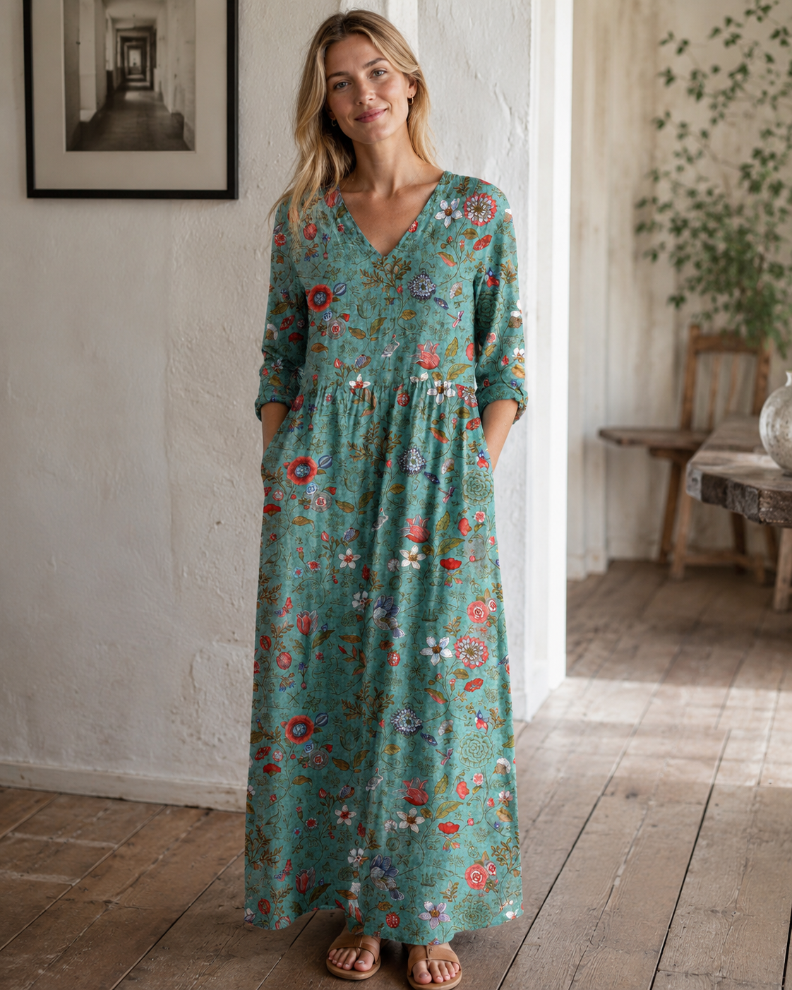Astrid Women’s Floral Dress – Elegant V-Neck Summer Midi Dress for Weddings & Parties