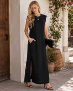 Coralie Women's Sleeveless Maxi Dress with Side Slit, Pockets & Wrinkle-Resistant Fabric