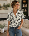 Ophelia - Printed Cotton Linen Short Sleeve Button Down Collared Summer Shirt for Women