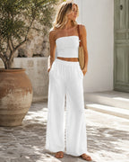 Marites - Linen Blend Wide Leg Palazzo Pants with Elastic Waist and Side Pockets