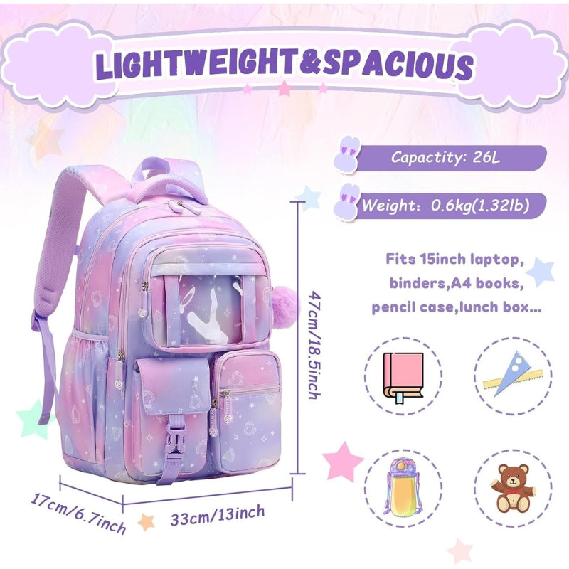 Klara Girls 21.8L Pastel School Backpack with 15-Inch Laptop Sleeve and Pom-Pom Charm