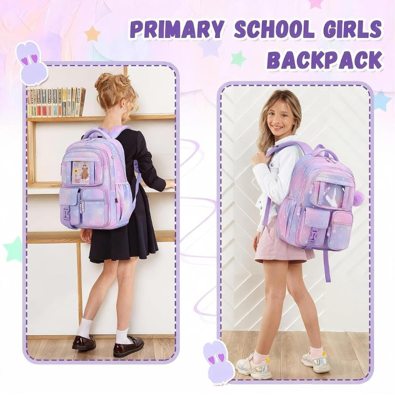Klara Girls 21.8L Pastel School Backpack with 15-Inch Laptop Sleeve and Pom-Pom Charm