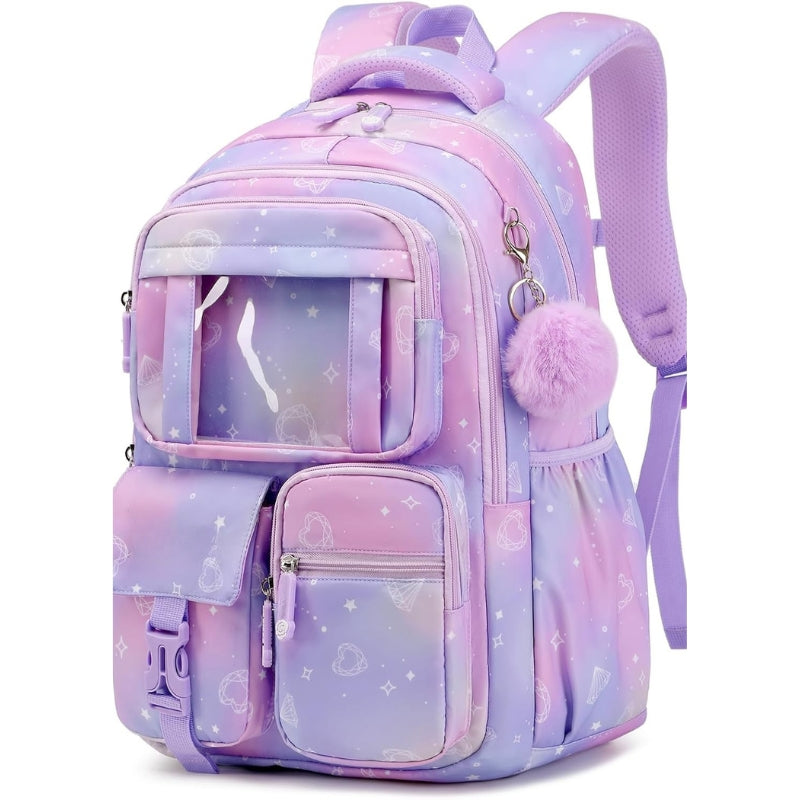 Klara Girls 21.8L Pastel School Backpack with 15-Inch Laptop Sleeve and Pom-Pom Charm