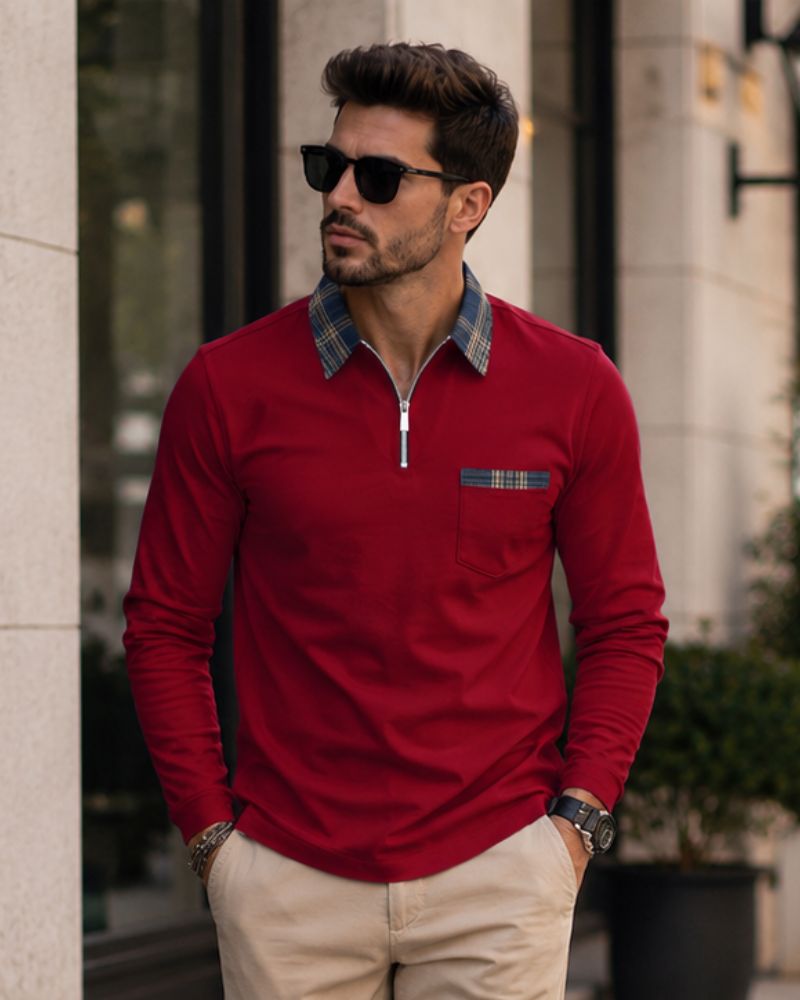 Dorian Men's Long Sleeve Polo Shirt with Zip Collar & Classic Check Pattern