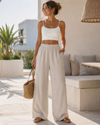 Seraphina Linen Blend Wide Leg Summer Trousers with Elastic Waist and Side Pockets