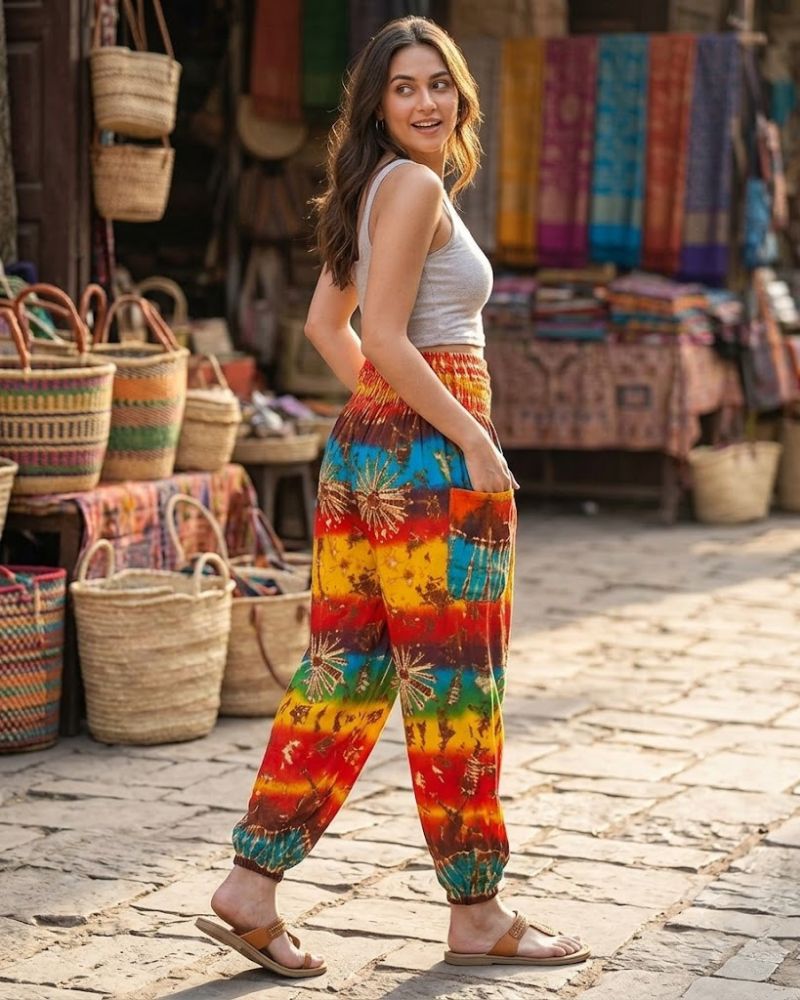 Soraya Bohemian Printed Harem Pants with Smocked High Waist and Side Pocket for Everyday Comfort