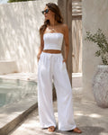 Mireille Linen Blend Wide Leg Summer Trousers with Drawstring Waist and Side Pockets