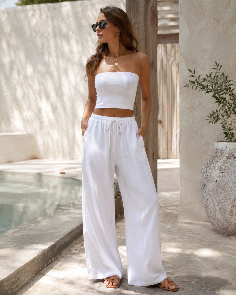 Mireille Linen Blend Wide Leg Summer Trousers with Drawstring Waist and Side Pockets