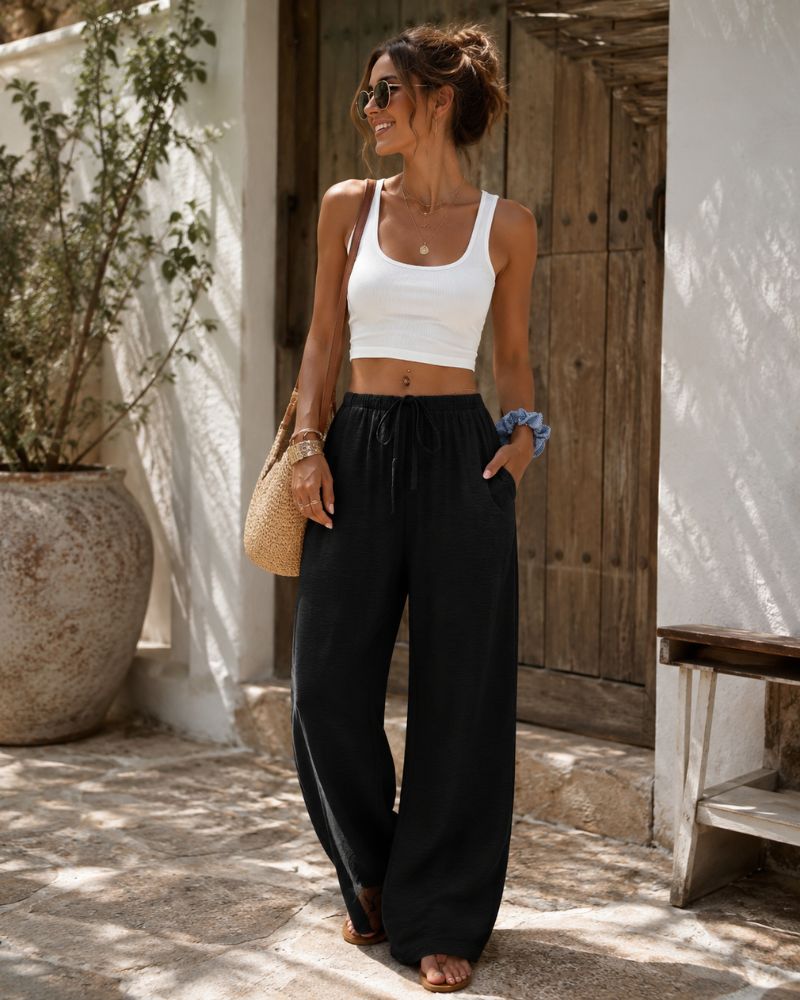 Eliska Wide Leg Drawstring Summer Trousers with Elastic Waist and Side Pockets
