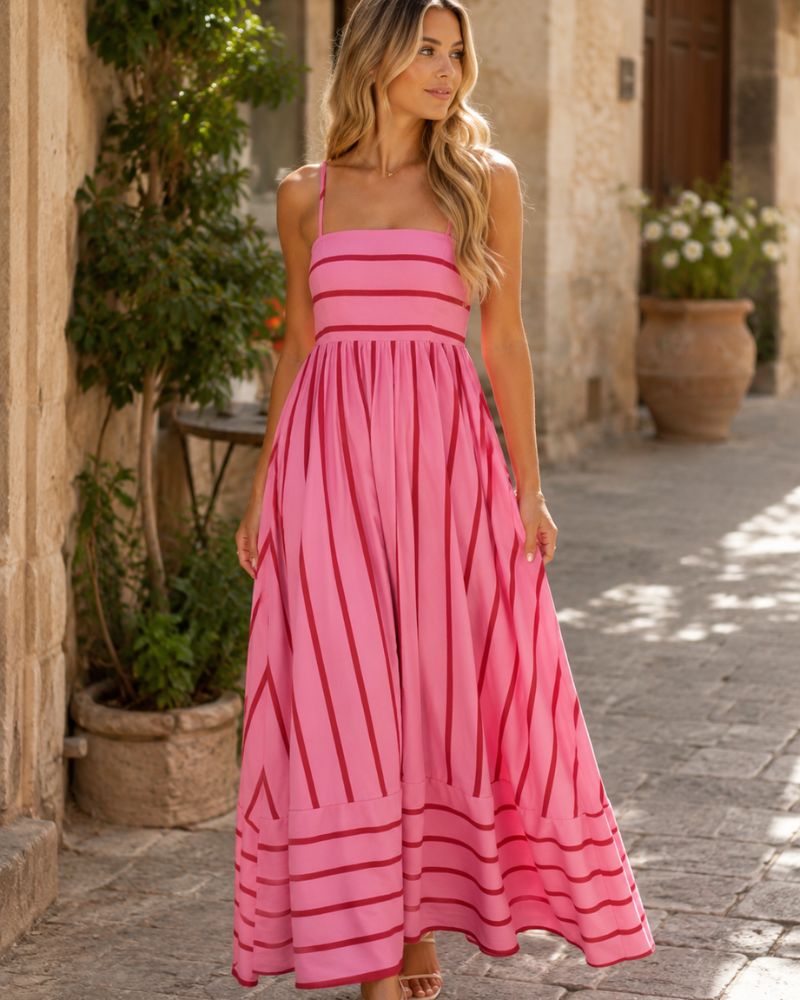 Seraphina Women's Striped Maxi Dress with Smocked Back, Cut-Out Detail & Pockets