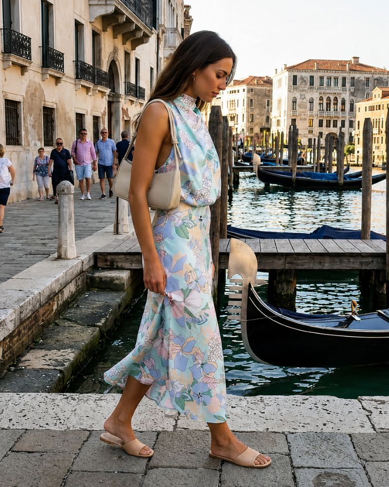 Vivienne Women's Satin Mock Neck Maxi Dress with Asymmetrical Shoulder & Flowy Skirt