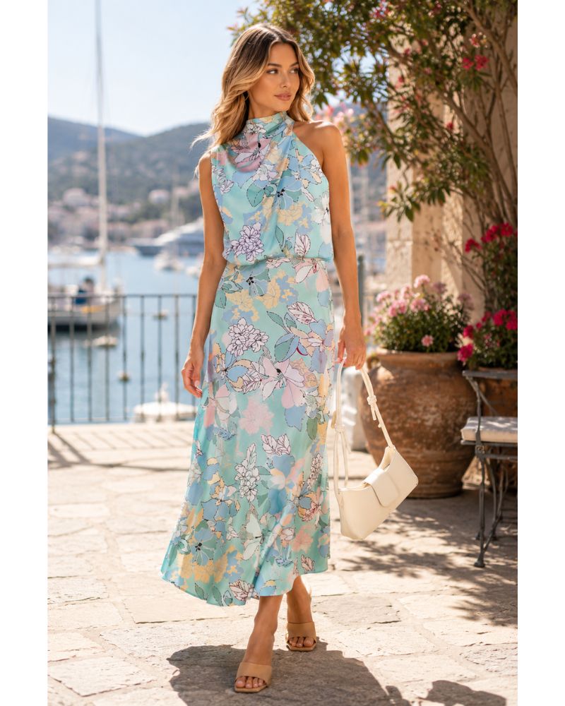 Vivienne Women's Satin Mock Neck Maxi Dress with Asymmetrical Shoulder & Flowy Skirt