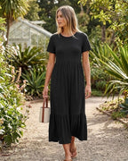 Brielle Women's Tiered Maxi Dress with Short Sleeves, Crew Neck & Side Pockets
