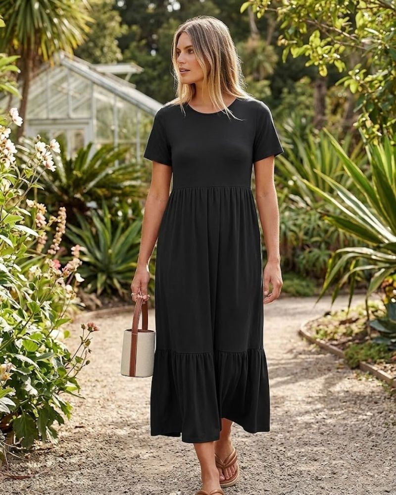 Brielle Women's Tiered Maxi Dress with Short Sleeves, Crew Neck & Side Pockets
