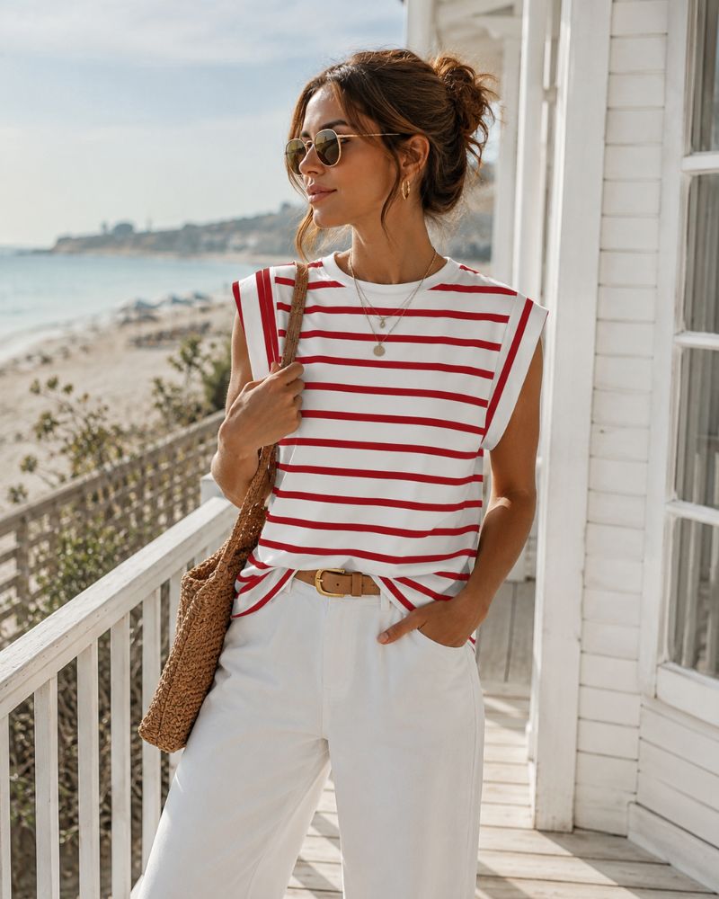 Marielle Women's Cap Sleeve Crew Neck Top with Relaxed Fit Everyday Tee