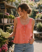 Isabeau Women's Boho Lace Tie-Front Crop Top with Ruffle Trim & Sleeveless Design