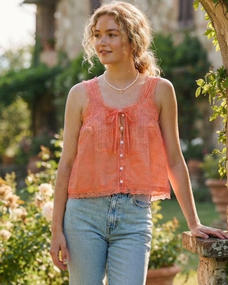 Isabeau Women's Boho Lace Tie-Front Crop Top with Ruffle Trim & Sleeveless Design