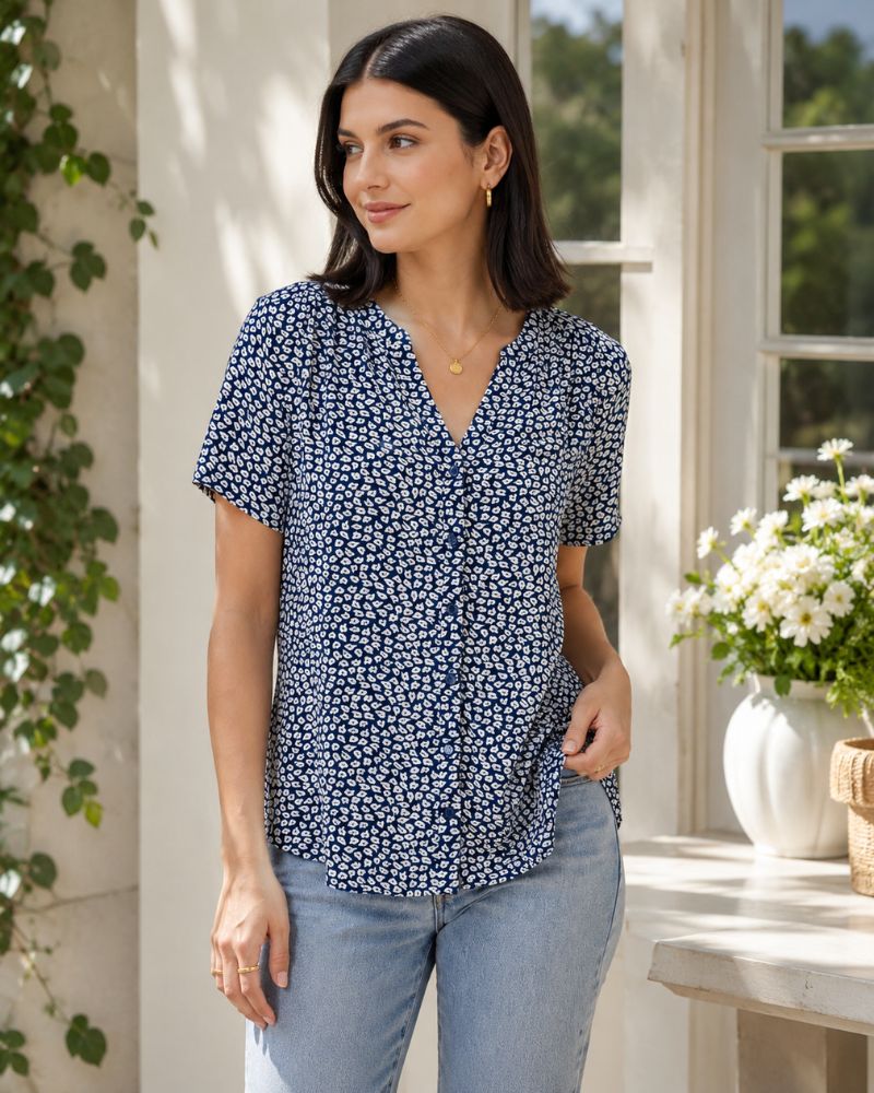 Aislynn Printed Short Sleeve Button Front V-Neck Viscose Blouse for Everyday Style