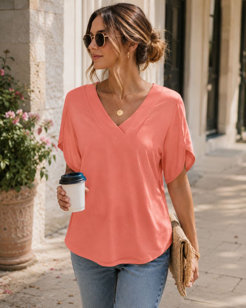 Floriane Women's V-Neck Petal Sleeve Blouse with Relaxed Everyday Fit