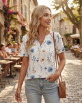 Odeline Women's High-Low V-Neck Blouse with Flutter Short Sleeves