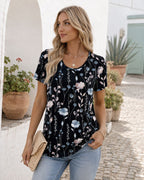 Noemi Women's Pleated Scoop Neck Blouse with Relaxed Short Sleeves