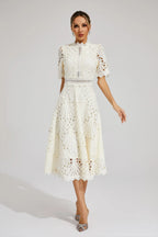 Giada Women’s Lace Midi Dress – Elegant Cut-Out Party Dress with Short Sleeves