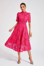 Giada Women’s Lace Midi Dress – Elegant Cut-Out Party Dress with Short Sleeves