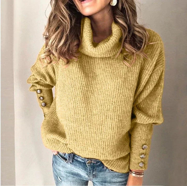 Emma Women’s Turtleneck Jumper – Elegant Knit Sweater with Button Sleeve Details