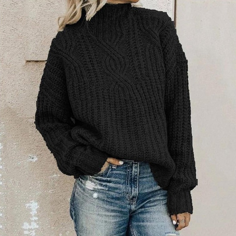 Soraya Women's Cable Knit Sweater – Cozy High Neck Pullover with Relaxed Fit