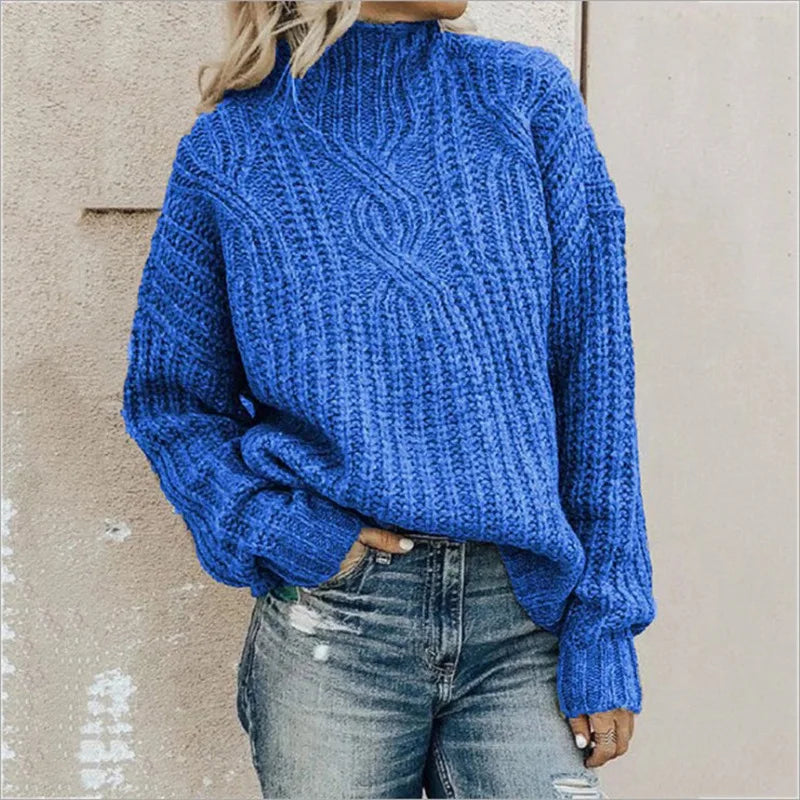 Soraya Women's Cable Knit Sweater – Cozy High Neck Pullover with Relaxed Fit