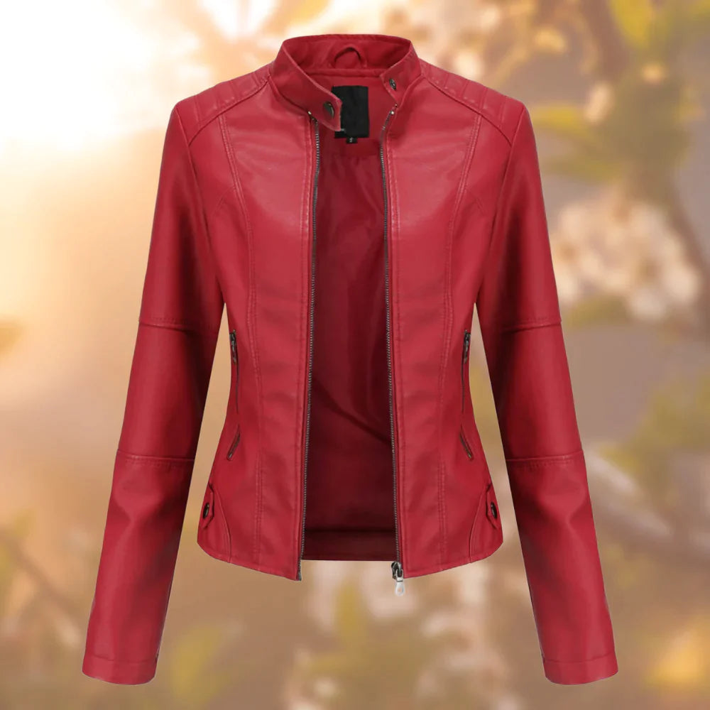 Audrey Women's Leather Jacket – Slim Fit Zip-Up Biker Jacket for Spring & Autumn