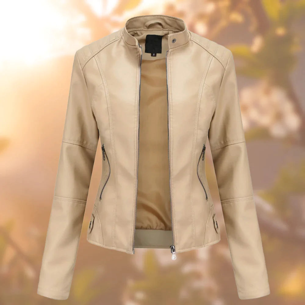 Audrey Women's Leather Jacket – Slim Fit Zip-Up Biker Jacket for Spring & Autumn